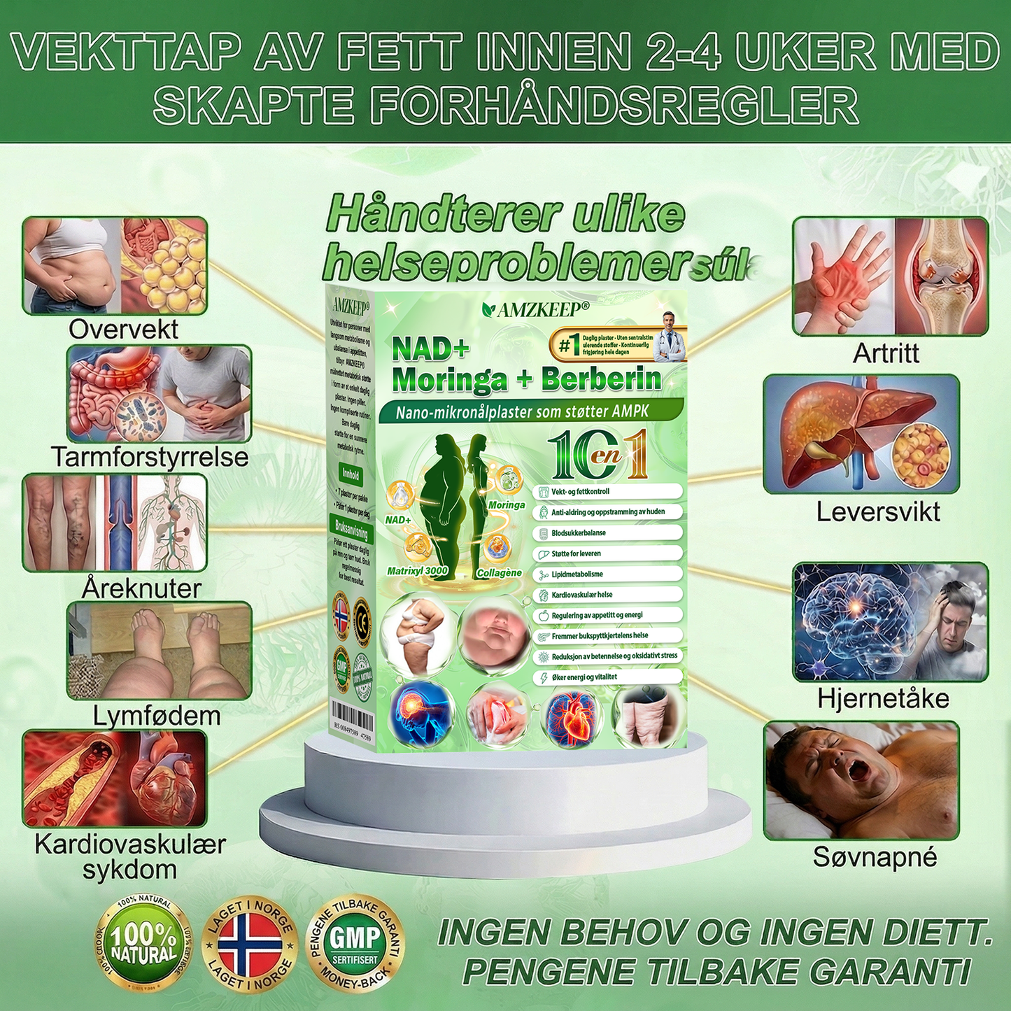 𝑨𝑴𝒁𝑲𝑬𝑬𝑷® NAD+ Nano Patch — Daglig støtte for forbrenning, energi og vektbalanse.