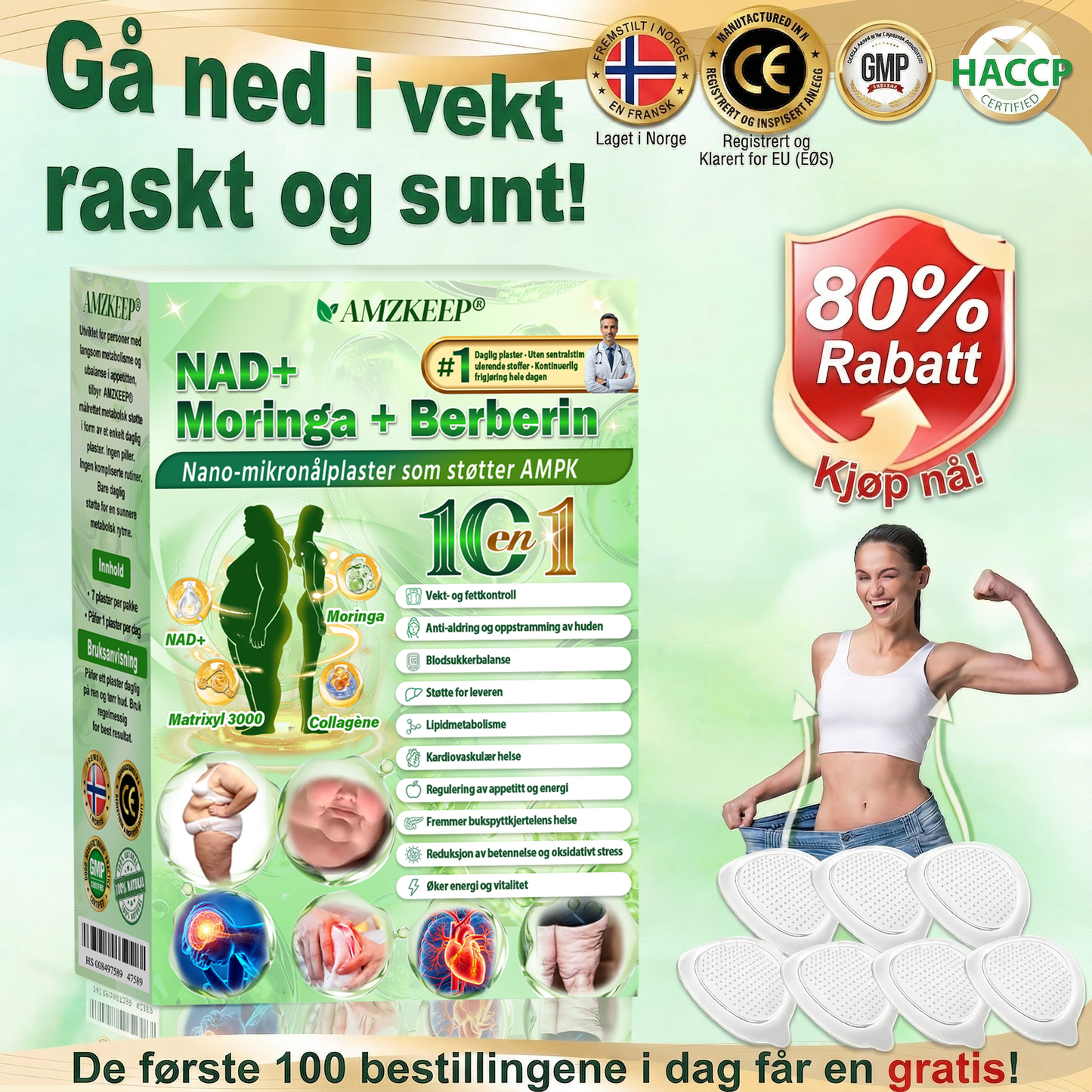 𝑨𝑴𝒁𝑲𝑬𝑬𝑷® NAD+ Nano Patch — Daglig støtte for forbrenning, energi og vektbalanse.
