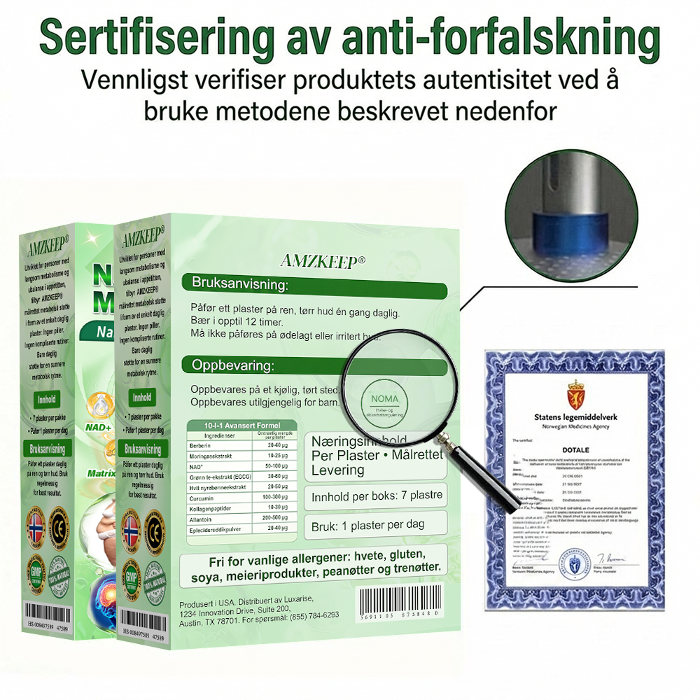 𝑨𝑴𝒁𝑲𝑬𝑬𝑷® NAD+ Nano Patch — Daglig støtte for forbrenning, energi og vektbalanse.