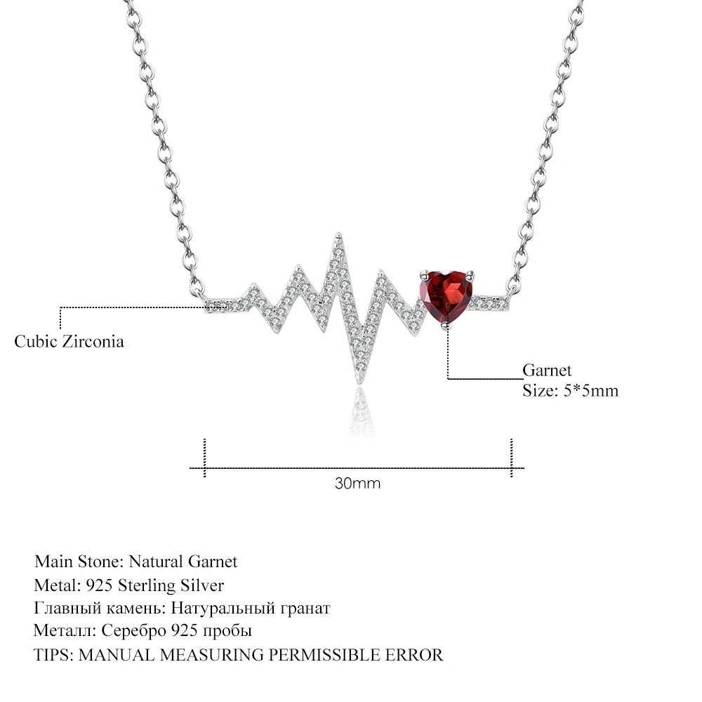 GEM'S BALLET 58514K 10K 18K Gold 925 Silver Necklace Natural Red Garnet Heartbeat Love Pendant Necklace for Women Wedding